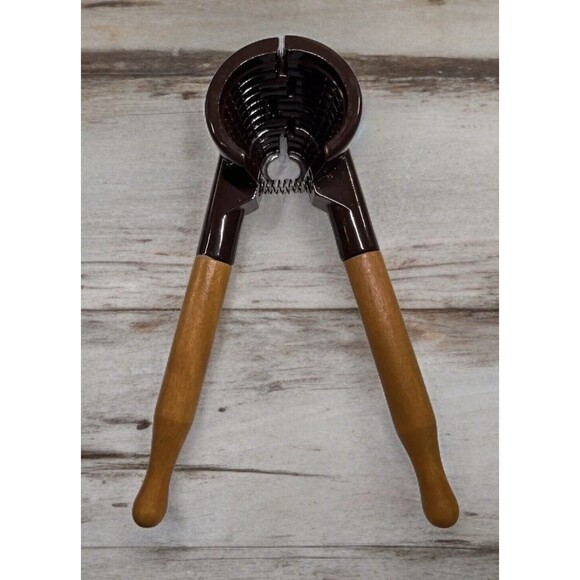 Vintage Nut Cracker Cone Shaped Wood Handle Brown Metal Walnuts Pecans 7” Long - Picture 1 of 9